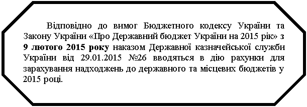 Восьмиугольник: Відповідно до вимог Бюджетного кодексу України та Закону України «Про Державний бюджет України на 2015 рік» з  9 лютого 2015 року наказом Державної казначейської служби України від 29.01.2015 №26 вводяться в дію рахунки для зарахування надходжень до державного та місцевих бюджетів у 2015 році. 

